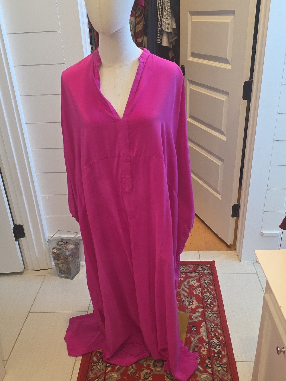 Bright Fuchsia V-Neck Maxi Dress 100% Silk